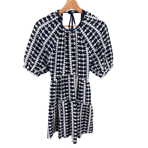 Maje Women's Size 34 Navy Woven Embroidered Frills Round Neck Trapeze Mini Dress - Picture 1 of 13